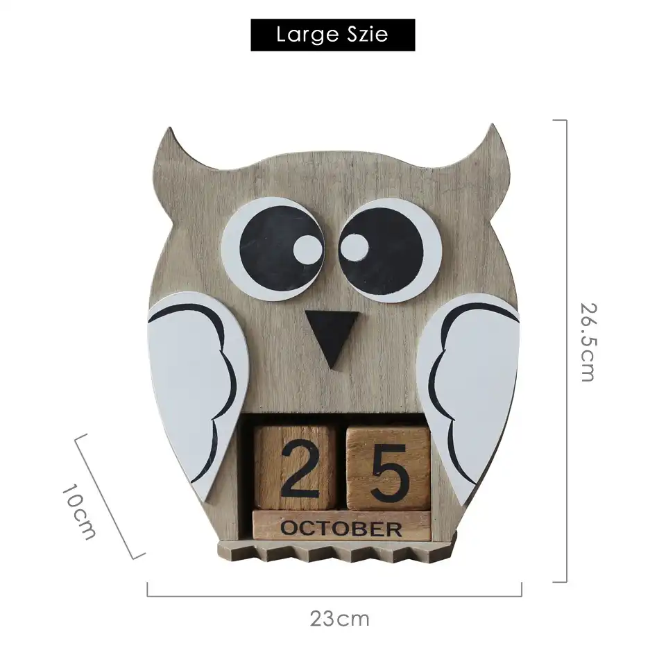 Little Owl Perpetual Calendar Wooden Desk Ornament Brown Shabby Chic 10cm