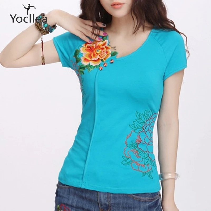 

Summer T-shirt Women 3D Floral Embroidery Cotton T-shirts Women short sleeve V-neck Casual Tops Tees plus size female t shirt