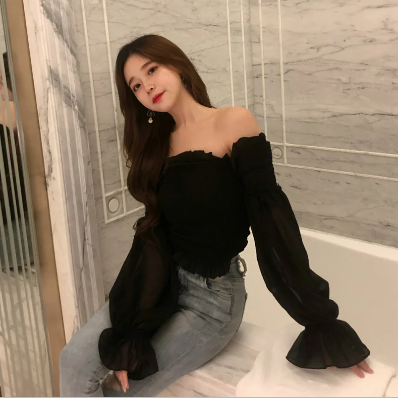 Женские Эластичные шифоновые рубашки с оборками и вырезом лодочкой, с ...