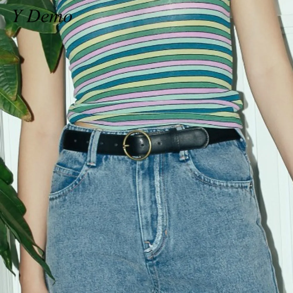 

Korea Vintage Buckle Metal Pu Leather Round Circle Wide Belt Women Fashion Accessory