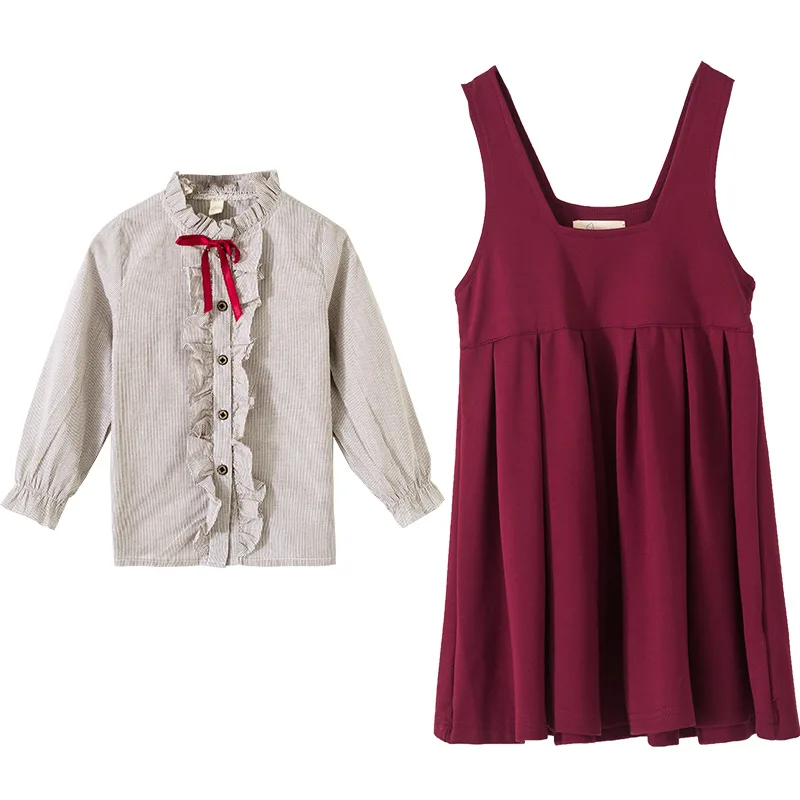 Комплект из 2 предметов, детские весенние модели для девочек, хлопковое качественное платье для девочек с блузкой с длинными рукавами