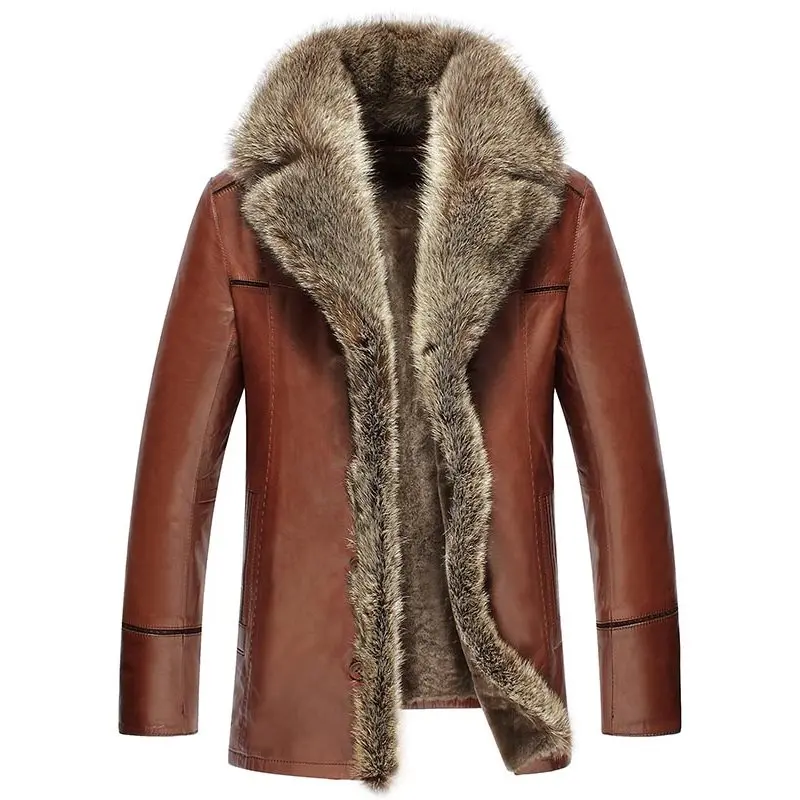PU Winter Coats Men Fashion Casual Slim Lapel Plain Long