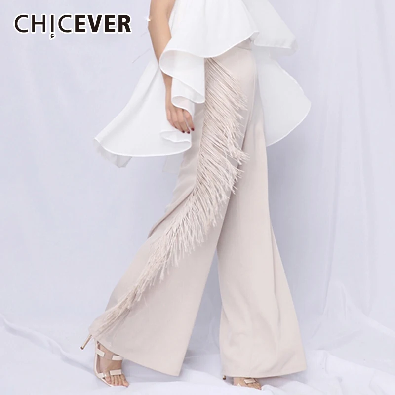 

CHICEVER Tassel Pants For Women Patchwork High Waist Big Size Summer Maxi Wide Leg Pants 2019 Elegant Fashion Female Clothes