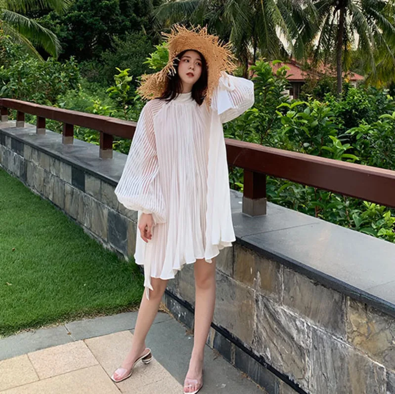 

[EWQ] 2019 Spring Summer New Pattern Turtleneck Collar Long Puff Sleeve Patchwork Pullvoers High Street Dress Women AD905
