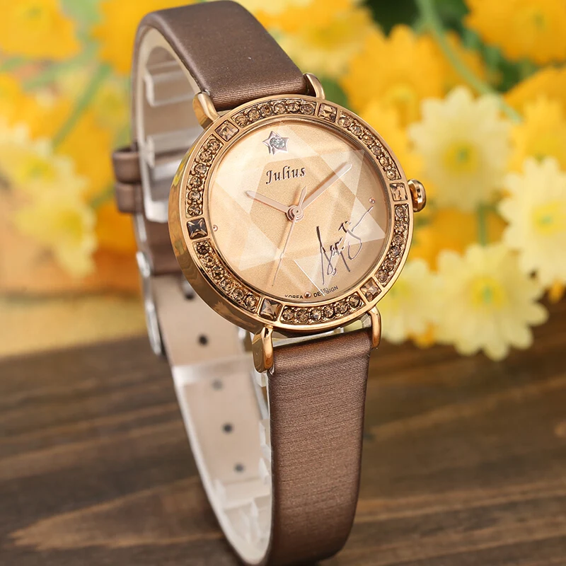 Bling Star Cut Glass Lady Women's Watch Japan Quartz Hours Fine Fashion Bracelet Real Leather Girl's Birthday Gift Julius No Box