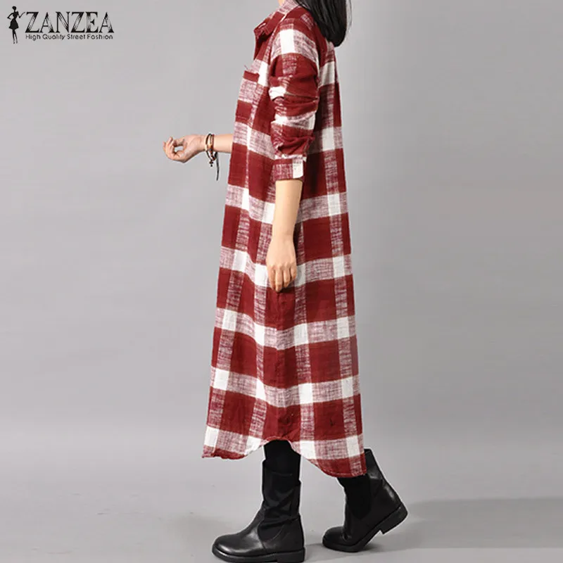  2019 Plaid Checked Shirt Vestido ZANZEA Women Lapel Neck Long Sleeve Long Dress Casual Buttons Down