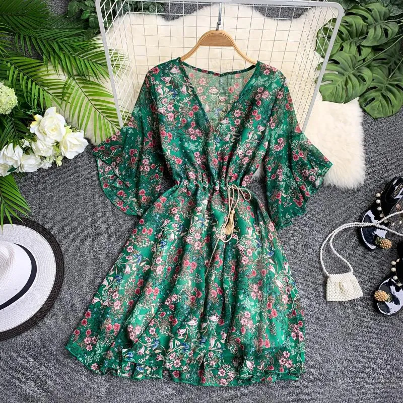 

Flower Print Women Sweet Girl Drawstring Sashes Dress Vestido Summer V-Neck Flare Sleeve High Waist Mini Dress