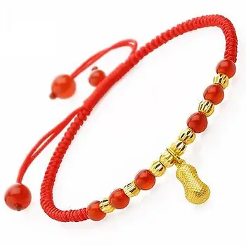 

Pure 999 24k Yellow Gold Agate Beads Peanut Pendant Red Knitted Chain Bracelet