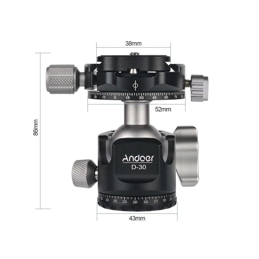 Andoer D-30, двойная панорамная головка с ЧПУ, шаровая Головка из алюминиевого сплава, двойной u-образный вырез, низкий центр тяжести для штатива, монопод