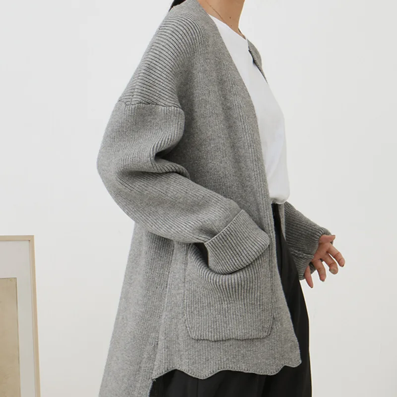 Sélections Toutes Col gray Longues Poitrine Irrégulière Printemps Le915 Manches Nouveau apricot Tricot Poches Lâche 2019 À Black Unique V eam Longueur Hiver Manteau Les vqSxHST