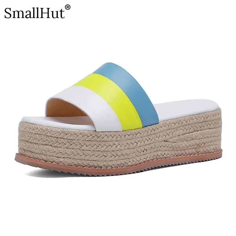 

Cow Leather Platform Slippers New Summer Ladies Platform Heel Outside Open Toe Slides Sexy Woman Yellow Blue Casual Shoes D055