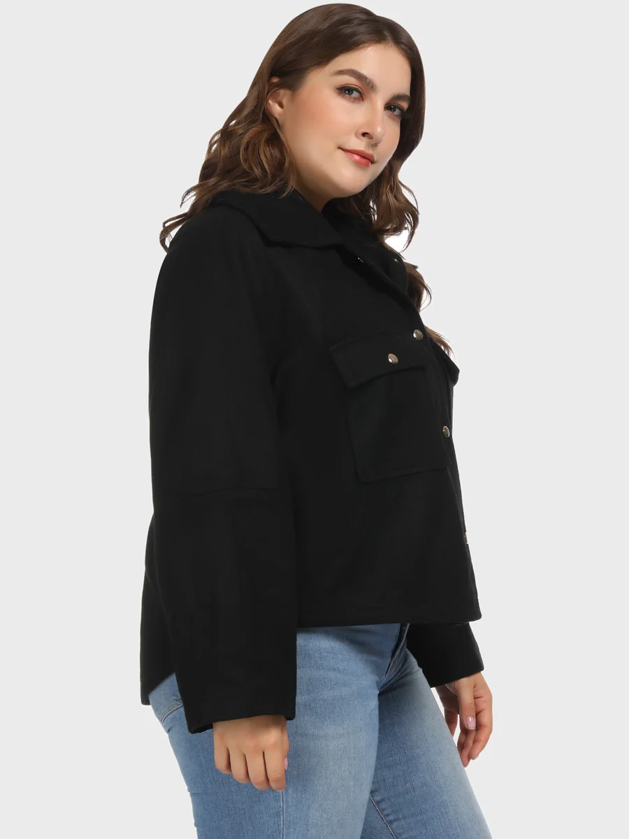 Bouton Grande Recadrée Black Laine Taille Femmes Revers Patte Manteau Col Mélanges À 5vYnxSO