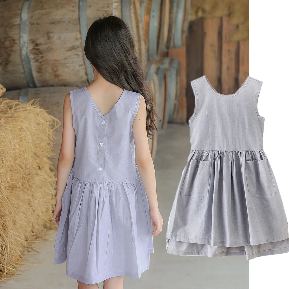 

Pockets Dresses For Girls Baby Cotton Kids Sundress Grey Big Girls Princess Dress Clothes Summer 2019 New Children Clothing
