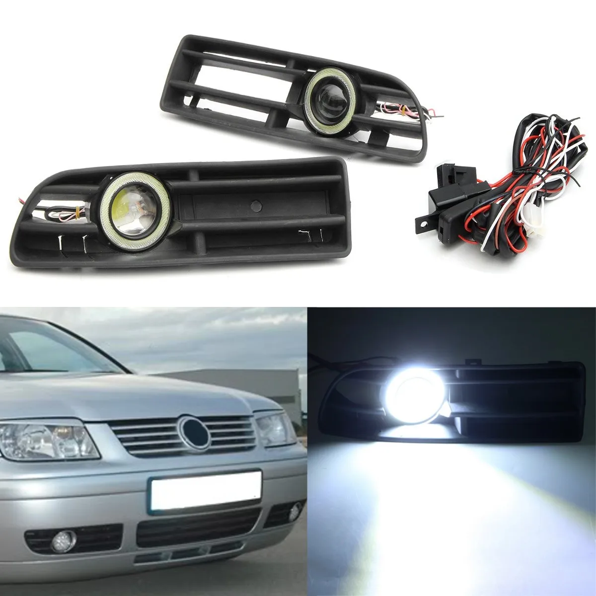 

Pair Car Angle Eye Fog Lights White LED Daytime Running Lights for VW Bora MK4/A4 Typ 1J 1998-2004 Foglamp Hood With Lens