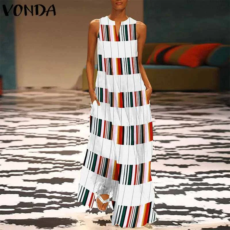 

VONDA Women Striped Plaid Dress Sexy Sleeveless Patchwork V Neck Maxi Long Party Dresses Casual Loose Vestidos Plus Size S-5XL