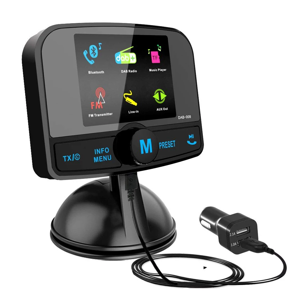 

DAB / DAB + Car Radio Adapter, Car Radio with Bluetooth Handsfree + DAB Transmitter + FM Transmitter + Aux in / Out + TF Card