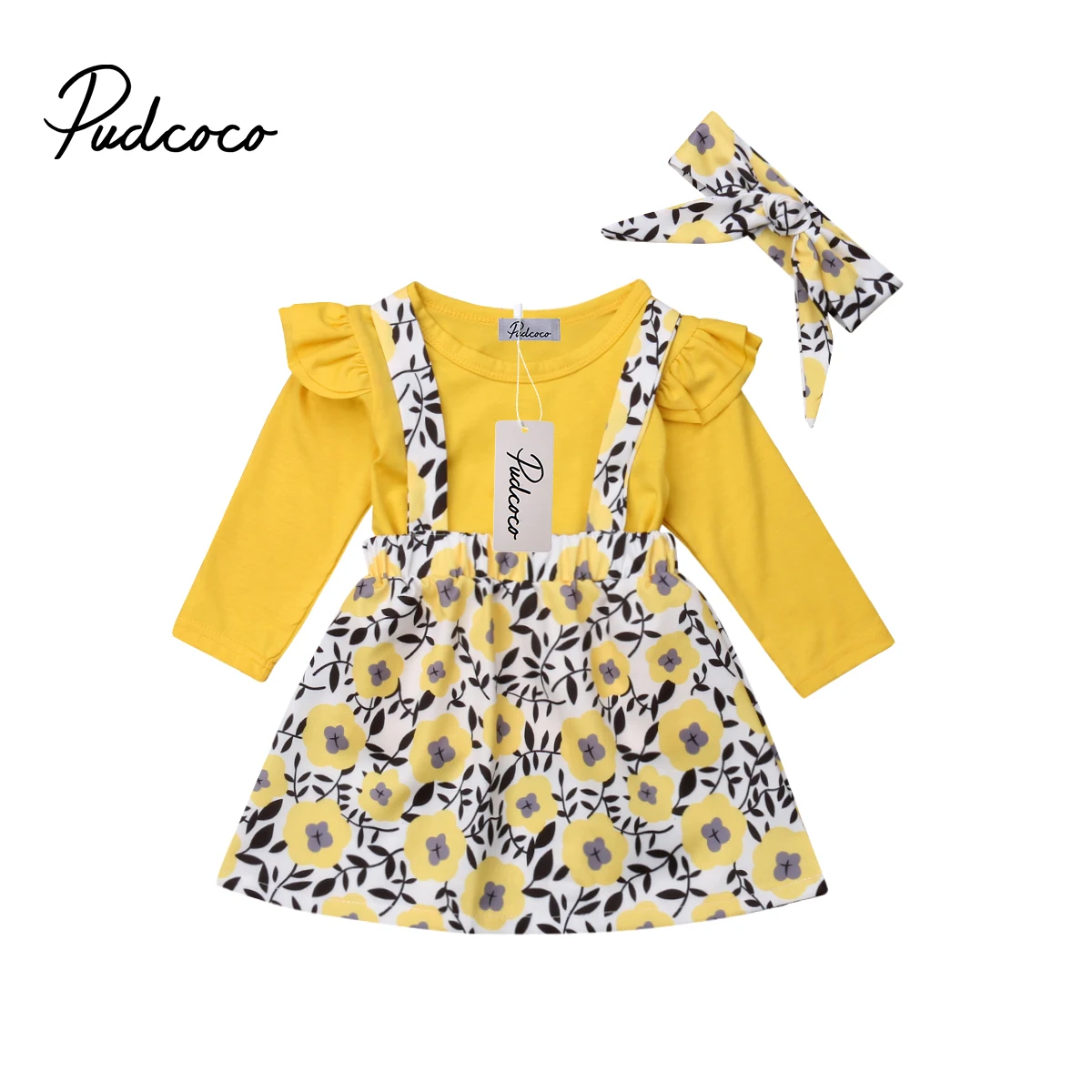 

pudcoco 2019 Toddler Kids Baby Girl ruffles top+Floral Overall+Headband Bow-knot Long Sleeve 3PCS infant girl Clothes 1-6 Years