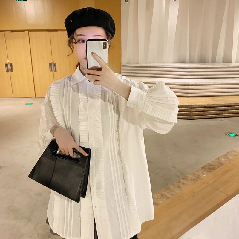 

[EWQ] 2019 Spring Summer New Pattern Lapel Long Sleeve Solid Patchwork Single Breasted Loose Simple Shirt Women Blouse AD903