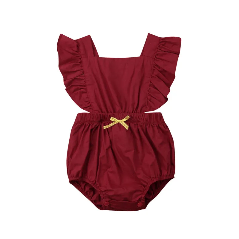 

Newborn Baby Girls clothes sleeveless square collar Ruffle Bodysuit Backless bow solid kids Toddler cotton Jumpsuit one pieces