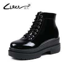 Liren Brand Ankle Boots Women Fashion Patent Leather Boots Winter Lace-up Thick Bottom Short Boots Platform Shoes for Women