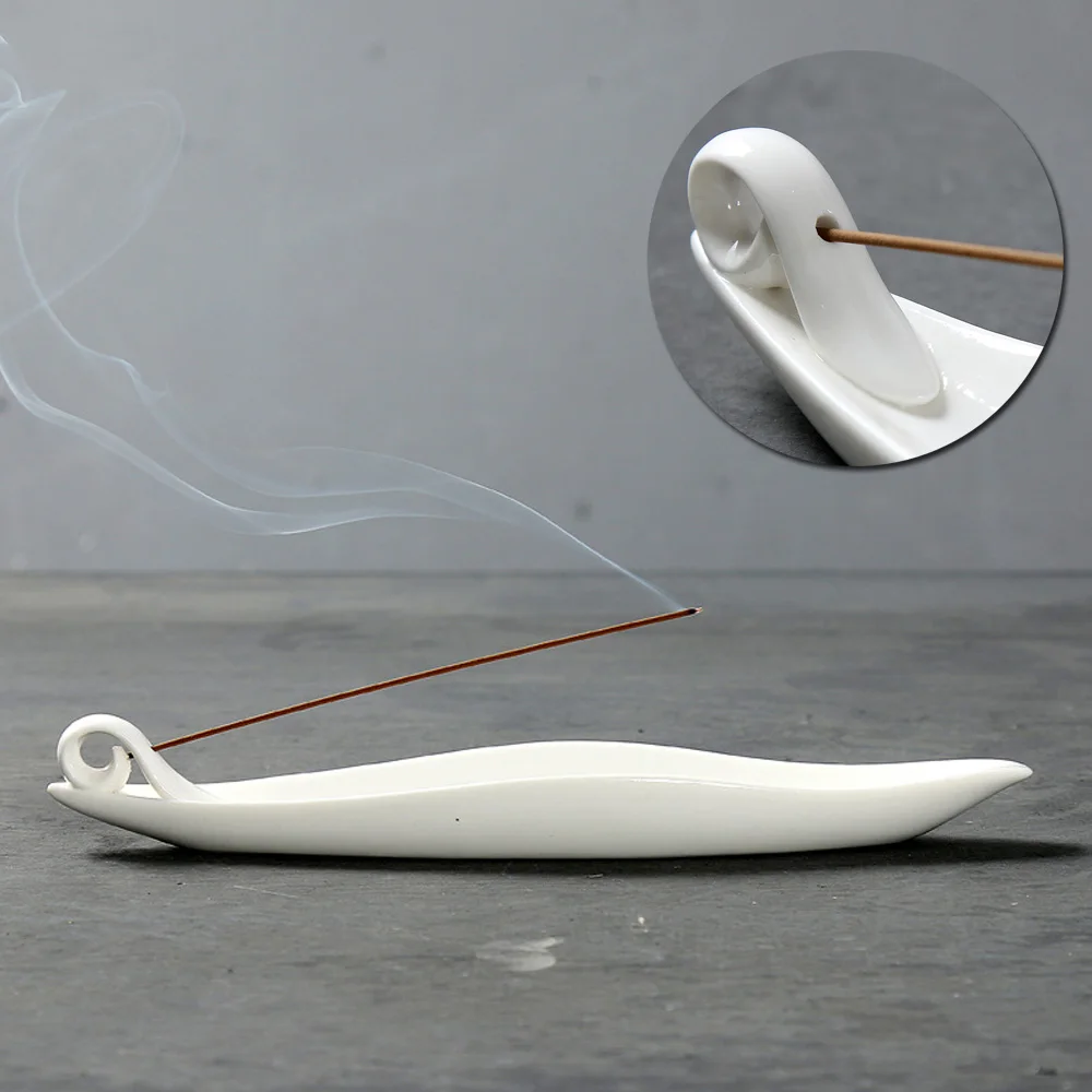 

Incense Burner Ceramic White Leaf Boat Line Incense Burner Censer Joss-Stick Holder Home Decor 22*4.5*3cm