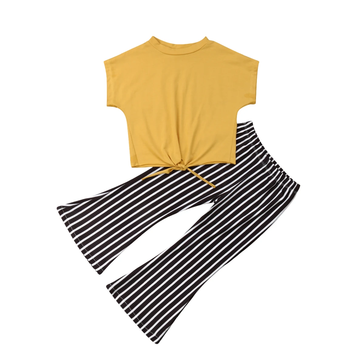

2-7Y Fashion Toddler Kids Baby Girl Short Sleeve Yellow T-shirt Tops Striped Flared Pant Bell Bottom 2PCS Summer Clothes Set