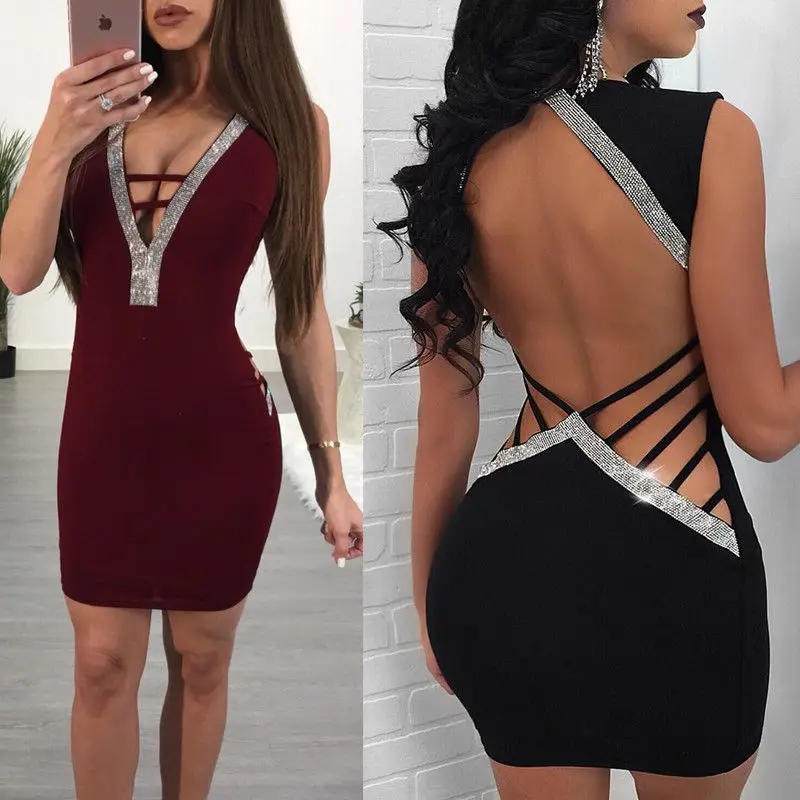 

Brand New Fashion Women Solid Sequin Sexy Dress Deep V Neck Summer Hollow Out Backless Ladies Evening Party Mini Dress