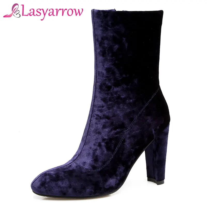

Lasyarrow Flock Ankle Boots Side Zipper Women's Autumn Winter Shoes Fashion High Heels Short Boots Size 33-46 Ladies Fotwear J63
