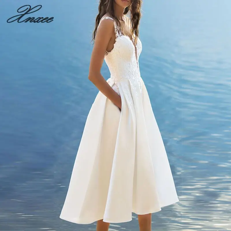 

Elegant White Lace Midi Dress 2019 Summer Sexy Sleeveless V Neck Beach Dresses Women Party