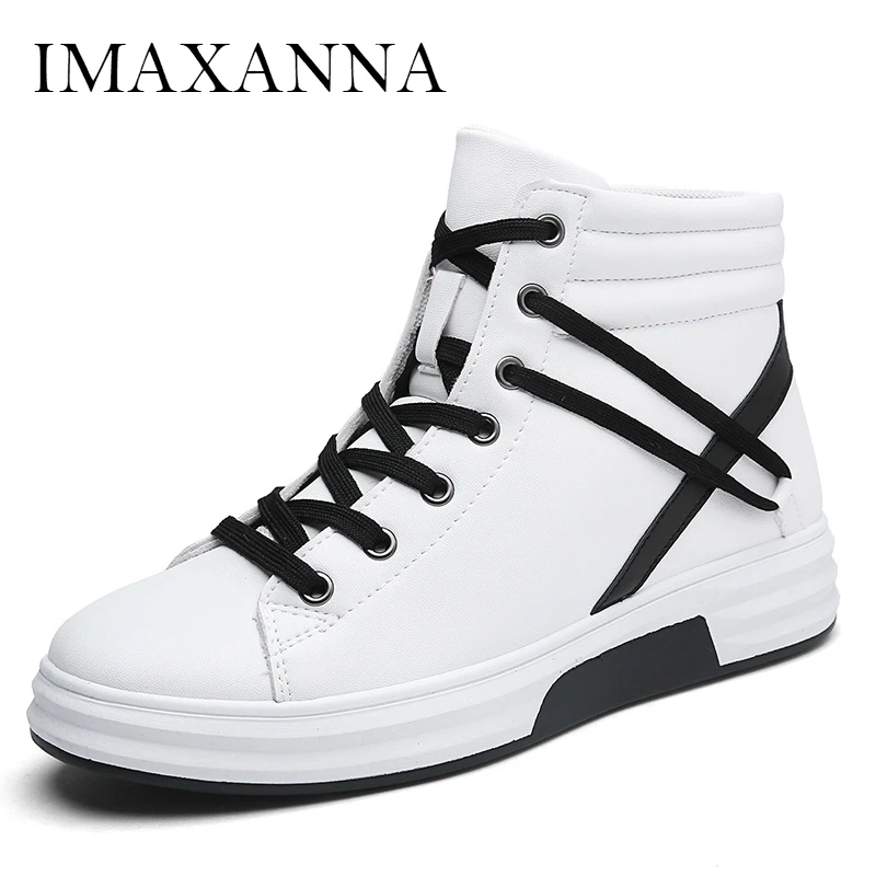 

IMAXANNA New Men's High Top Sneakers Shoes 2019 Fashion High Quality Black Whtie Leather Sports Shoes For Man Flat Male Shoe