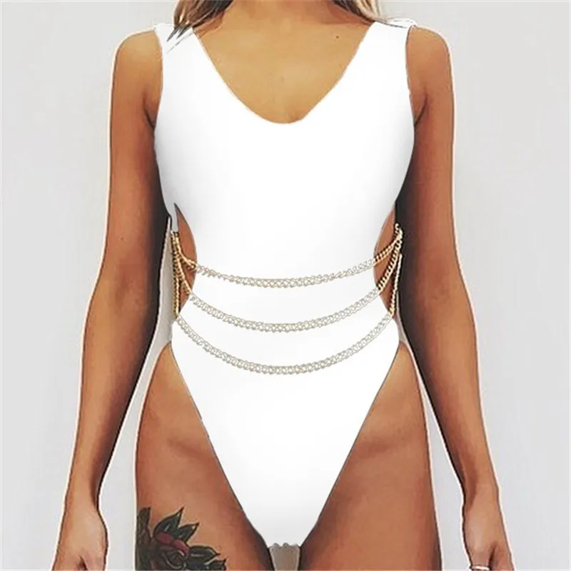 

Chain Swimsuit One Piece Bathing Suit Women White Hole Thong Swimwear 2019 Mujer Strapless Solid Badpak Padding Strappy Monokini