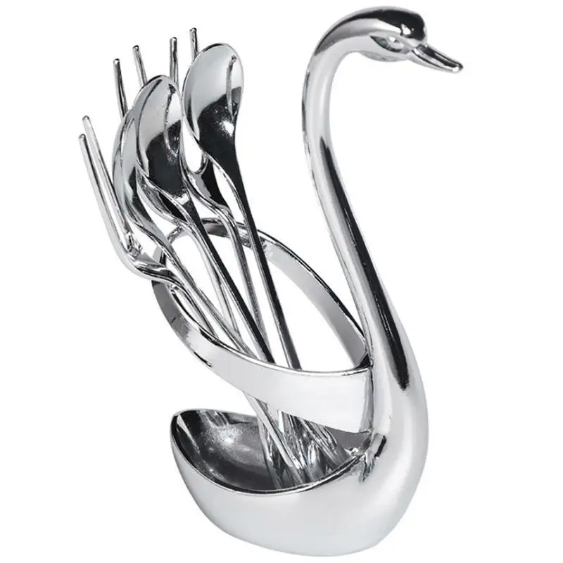 Cute Stainless Steel Swan Fruit Fork Holder With Fork Spoon Swan Kitchen Organizer Coffee