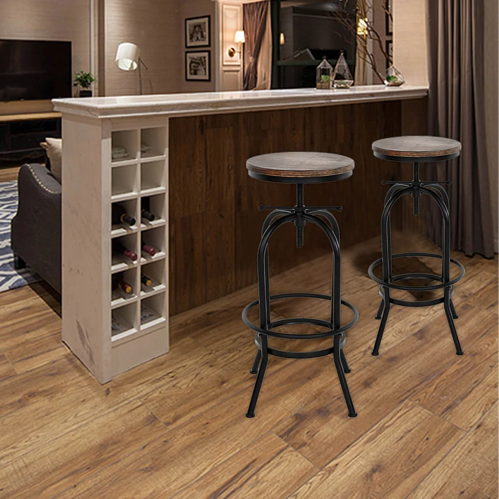 iKayaa bar Chairs Industrial Style Height Adjustable Swivel Bar Stool Natural Pinewood Top Kitchen Dining Breakfast Chair
