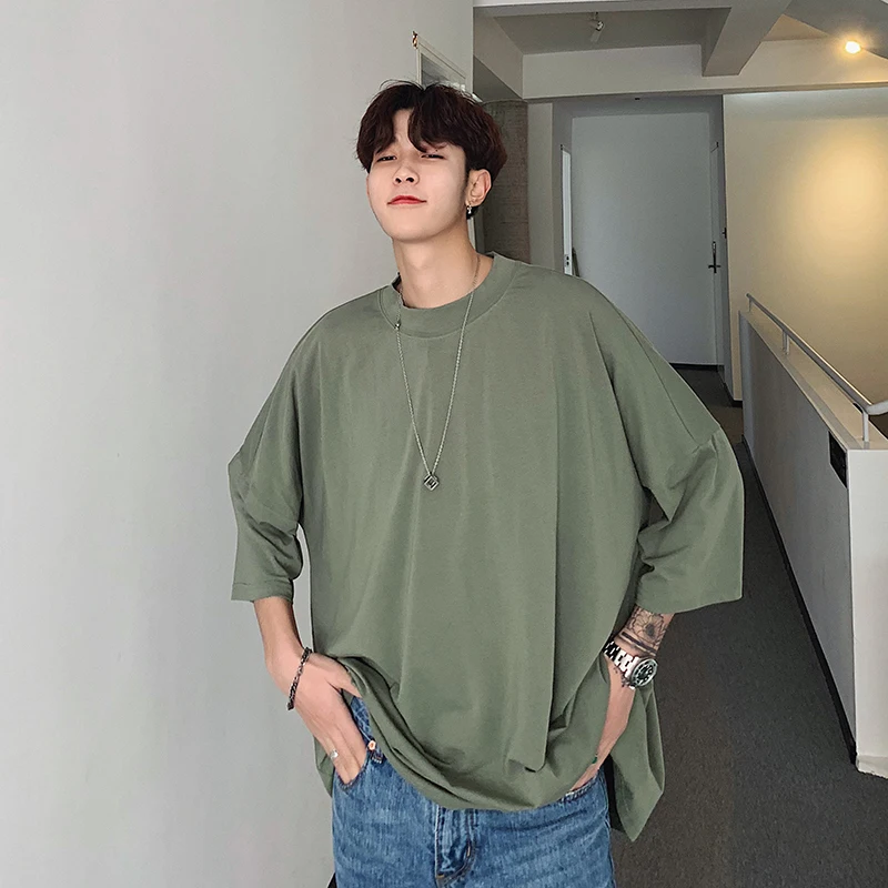 

2019 Summer Men's Solid Color Seven Part Sleeve Fashion Round Collar Full Cotton Clothing Loose 7 Color Loose T-Shirts M-XL