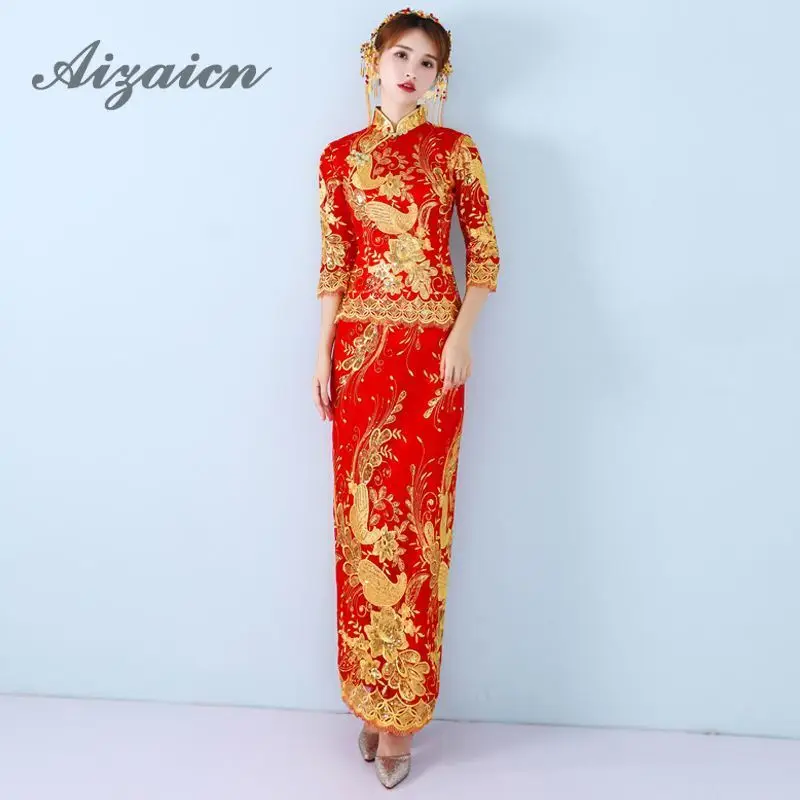

China Qipao Long Cheongsams Traditional Chinese Red Wedding Dress Classic Women Phoenix Embroidery Cheongsam Bride Traditions