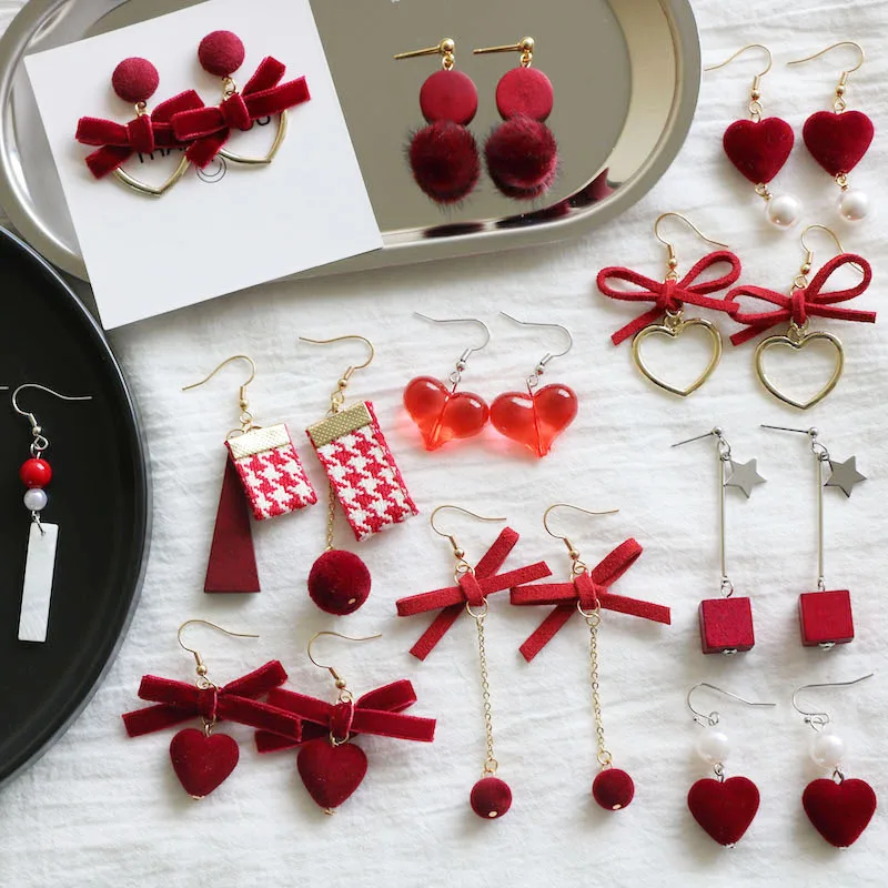 

Virgooer Korean Red Pom Pom Fur Ball Drop Earrings Fashion Velvet Bow Love Heart Flower Circle Geometry Earring For Women Jewelr