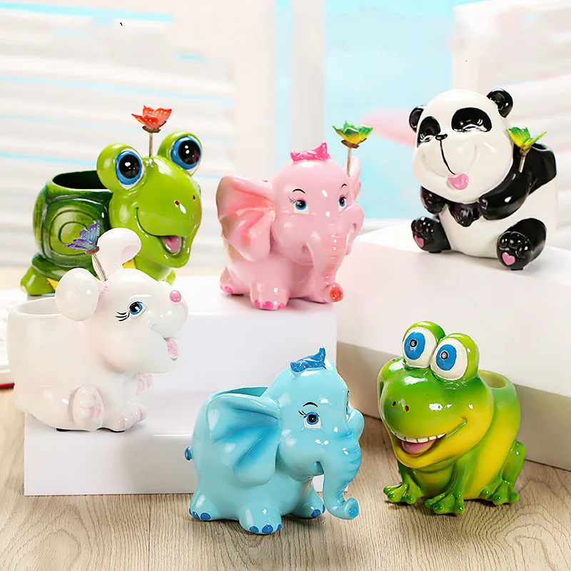 

Cartoon Animal Pen Holder Resin Crafts Elephant Flowerpot Decoration Maison Bunny Figurine Home Accessories