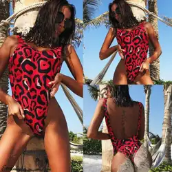 Женский цельный красный Леопардовый купальник купальный костюм с Пуш-Ап пляжная одежда купальники женские