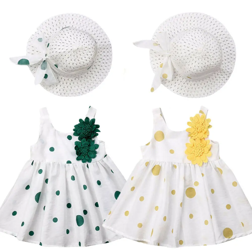 

Focusnorm New Fashion Summer Newborn Baby Girls Party Sleeveless Print Dot Dress Cotton Sundress Clothes +Hat 2PCS Age 6M-3Years