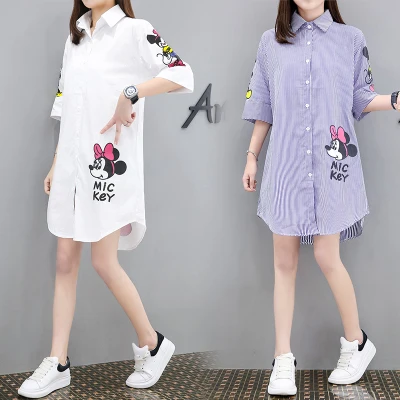 

2019 New Spring Summer Model Of Europe Big Yards Fat Mm Long Loose In The Leisure Cartoon Mickey Shirt Women Work Wear Clothes