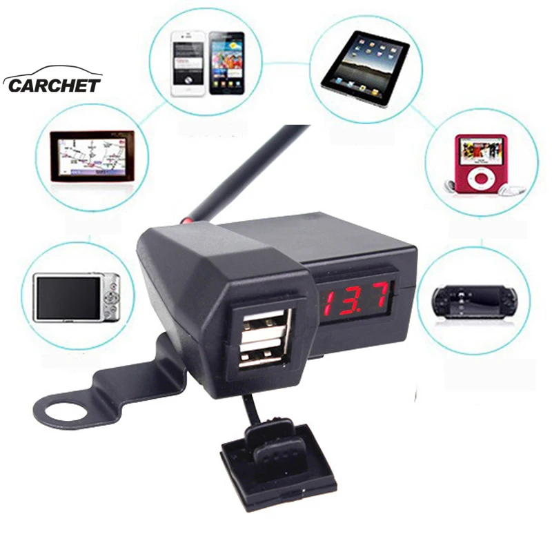 

CARCHET Motorcycle 12V Scooter USB Charger LED Digital Display Voltmeter Power Switch Car & Autocycle Dual USB Cigarette Socket