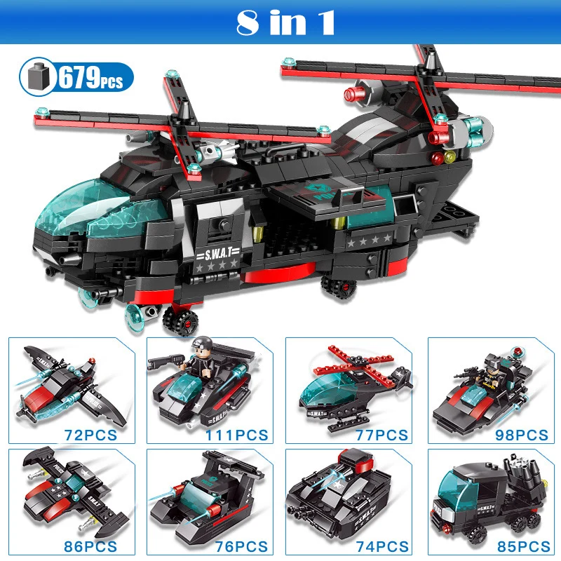 

8 in 1 City Police Series Building Block Bricks SWAT Helicopter Toys Car Tank Aircraft DIY Educational Toys Compatible Legoings