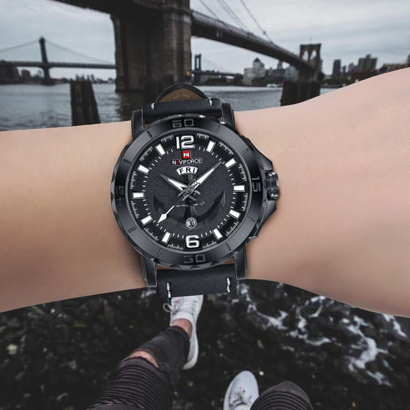 Naviforce творчески аналоговый Кварцевые наручные часы Для мужчин Спортивные часы роскошные кожаные часы Для мужчин часы мужской Relogio Masculino