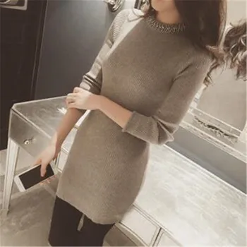 

Autumn And Winter New Pattern Woman Pullover Nail Beads Round Neck Thin Long Knitting Sweater