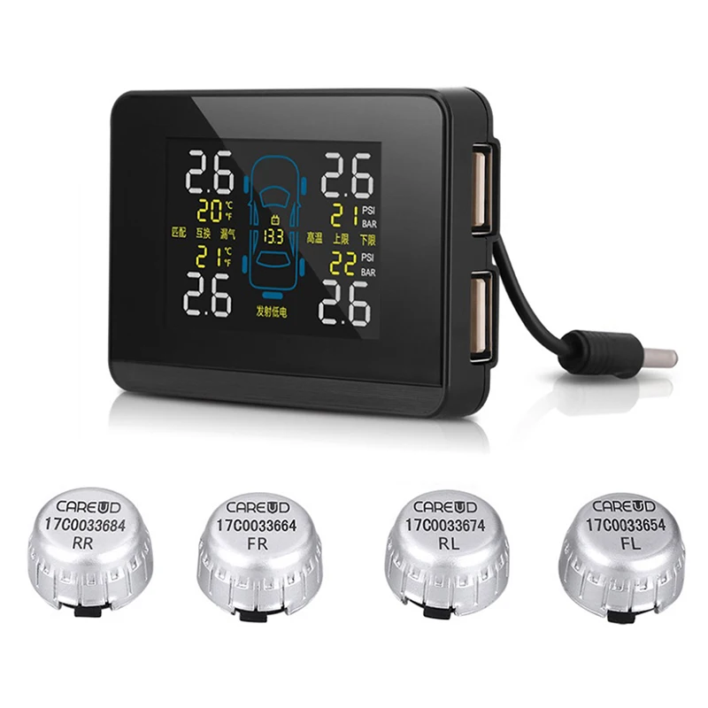 

Careud Car Tpms 2 Usb Ports For Smartphone Wireless Tire Pressure Monitor Alarm System With 4 Sensors