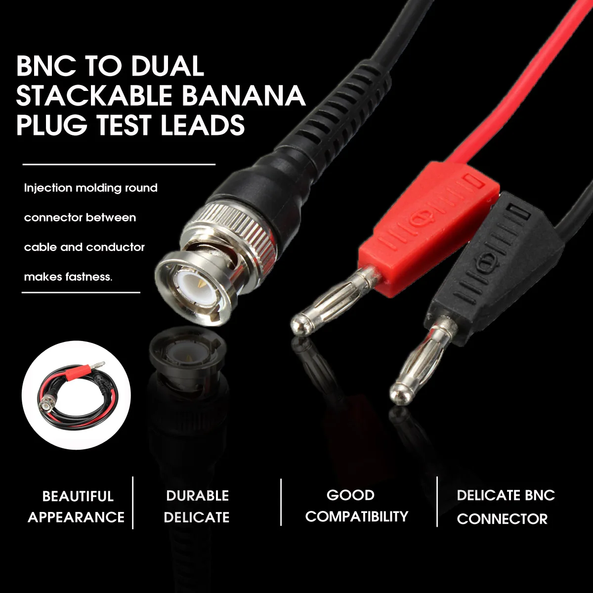 

New Arrival Black + Red BNC Q9 to Dual 4mm Stackable Banana Plug with Socket Test Leads Probe Cable 120CM