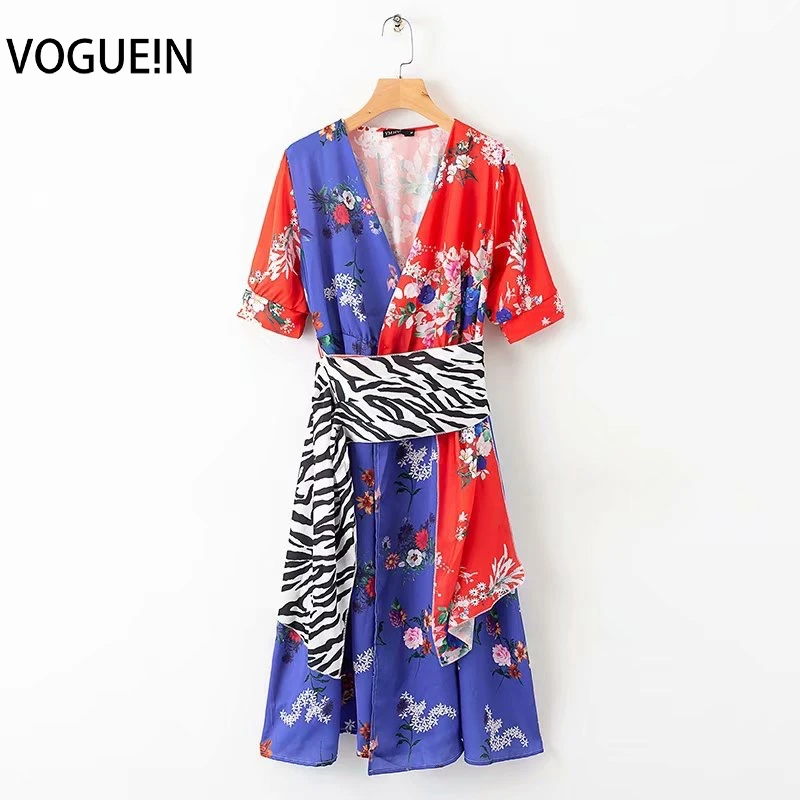 

VOGUEIN New Womens Summer Half Sleeve Floral Print Contract Colors Wrap Dress Wholesale