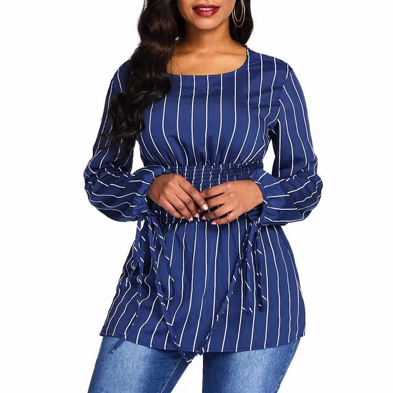 

Women Blouses Elegant Spring New 2019 Plus Size Blue Slim Lantern Sleeve Stripe Casual Office Lady Female Fashion Vintage Shirts