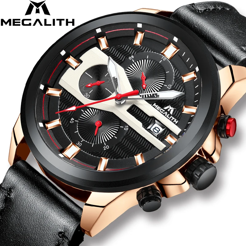 

MEGALITH Top Brand Luxury Mens Watches Waterproof Chronograph Sports Quartz Wrist Watches Black Leather Clock Relogio Masculino