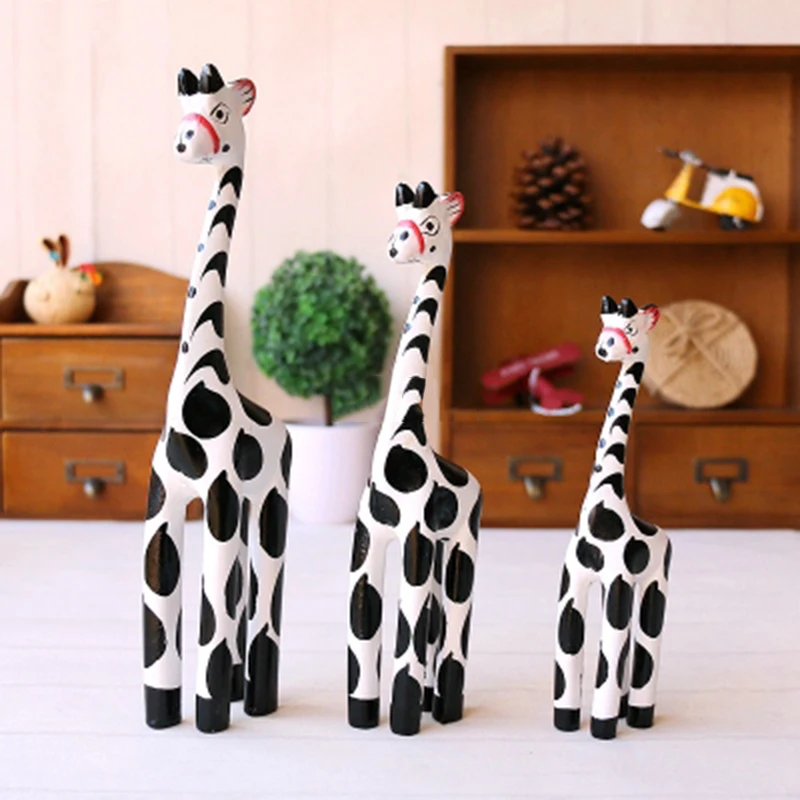 

3Pcs Giraffe Wooden Indonesian Decor Crafts Statue Figure Ornament Accessories